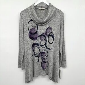 Jess & Jane Echoes Top Shirt Large Brushed Knit‎ Cowl Neck Gray Artsy Boho New